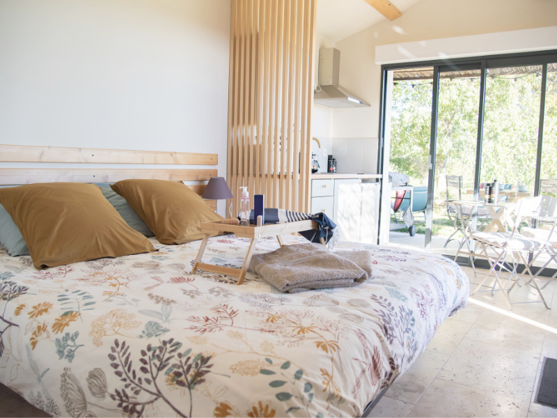 Chambre lumineuse avec lit double et coin cuisine